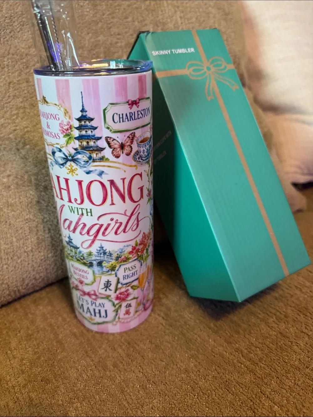Mahjong With Mahgirls Skinny Pink Floral Tumbler
